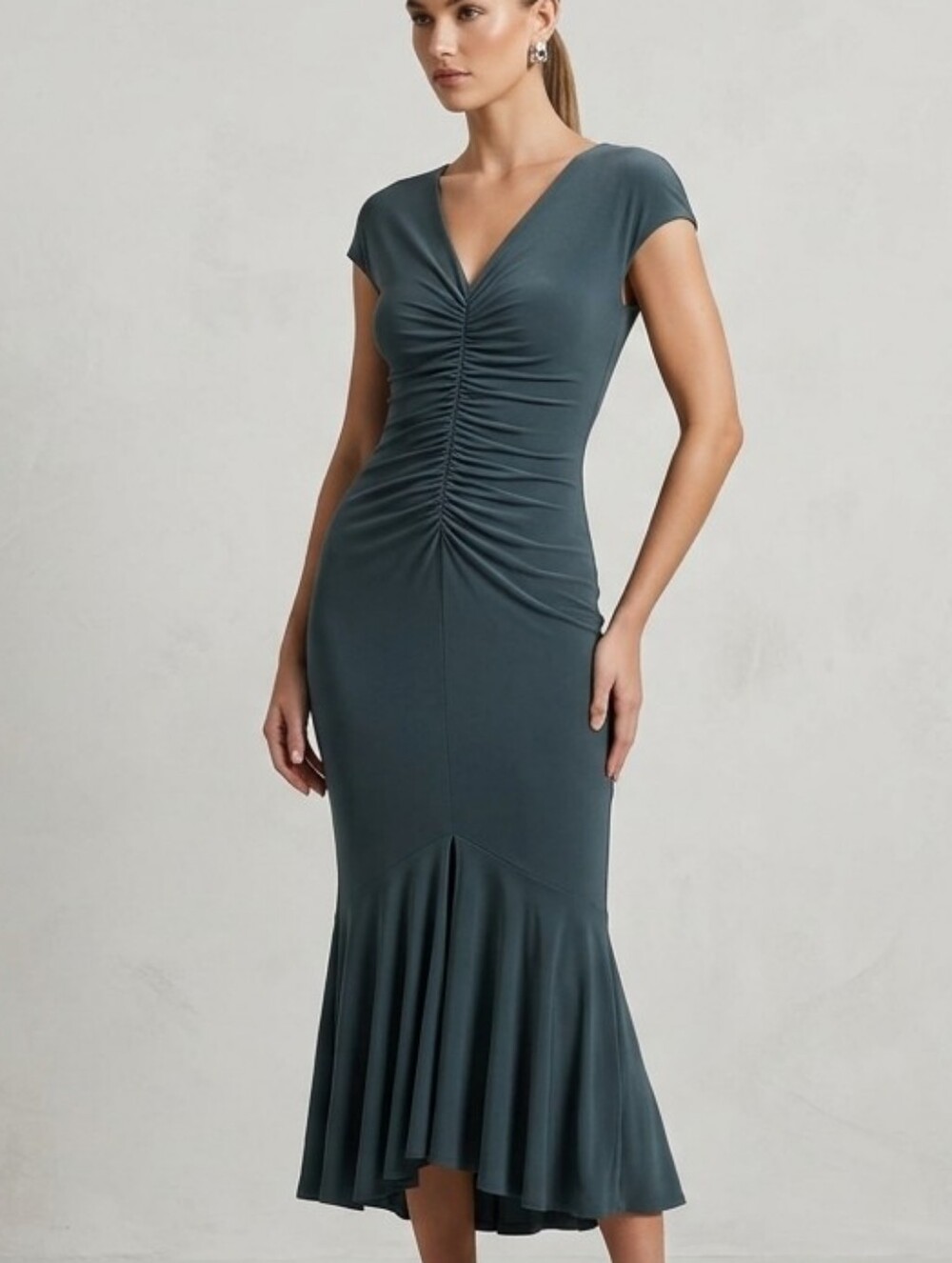 BRAND NEW & NEVER WORN Rebecca B DARK GREEN Ruched V-Neck Midi Dress Sz 12